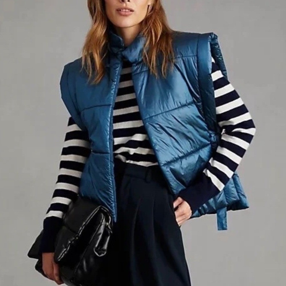 Anthropologie Pilcro Packable Puffer Vest Teal Blue Metallic Side Ties OS